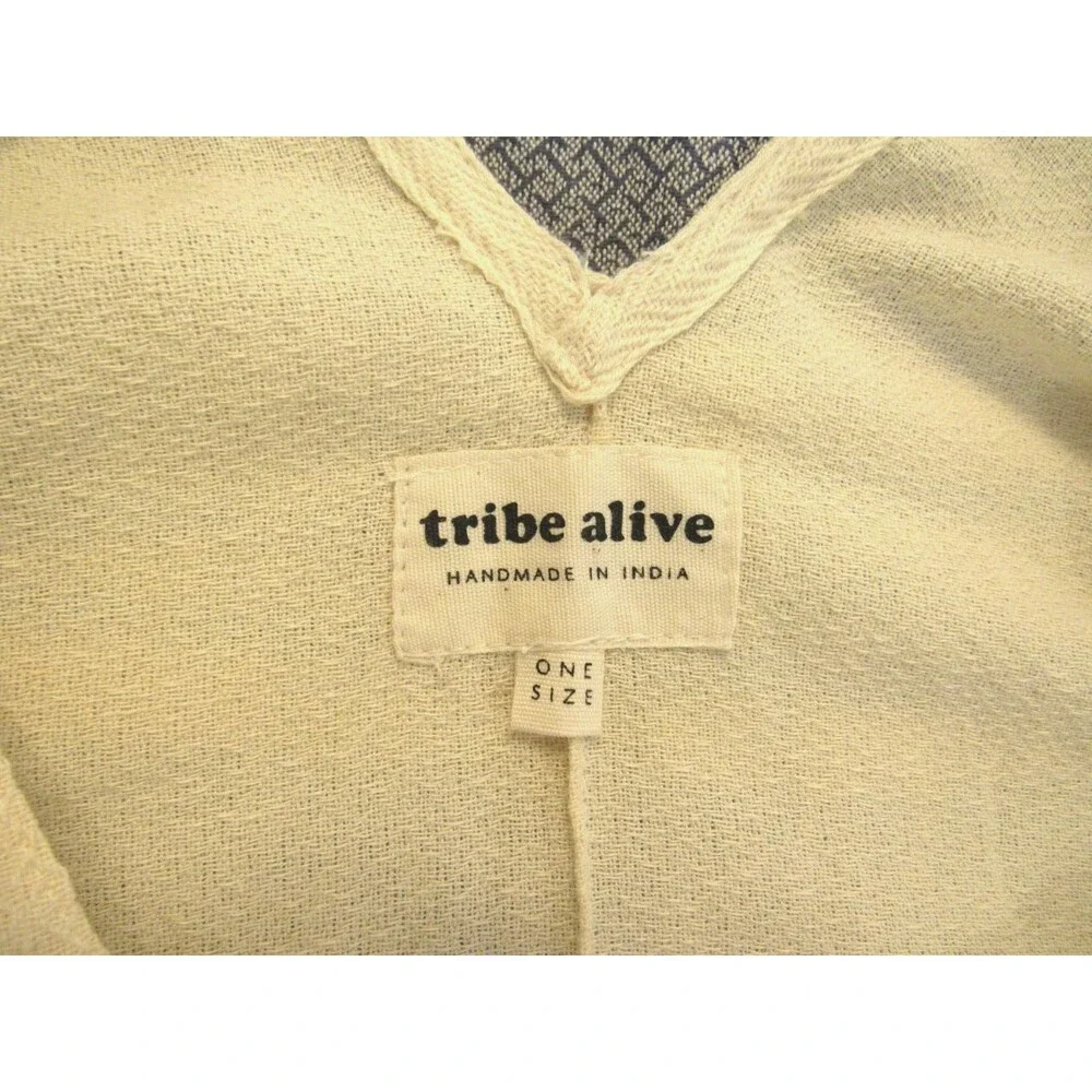 Womens OS Cream Blue Stripes Fringe Poncho Beach Caftan Coverup Boho Tribe Alive - Picture 7 of 11